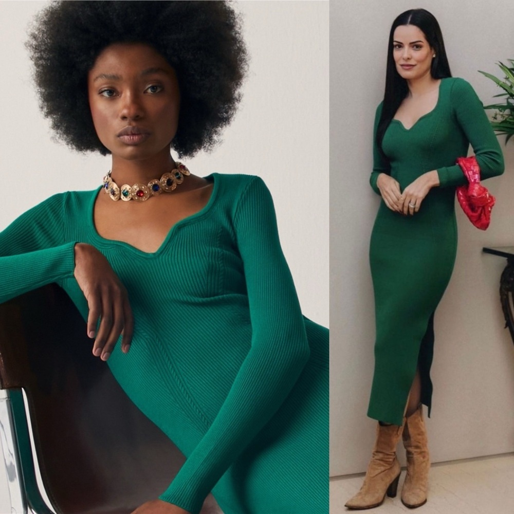 Paola Bernardi Ribbed Knit Long Sleeve Midi Dress Green Small